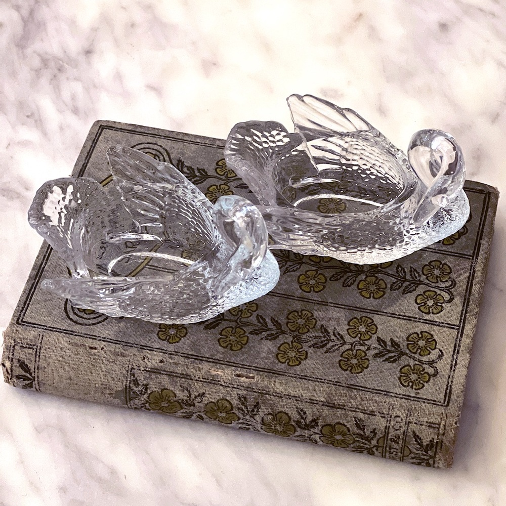 Vintage Glass Swan Trays | Set of 2 Trinket Dishes Jewelry Trays